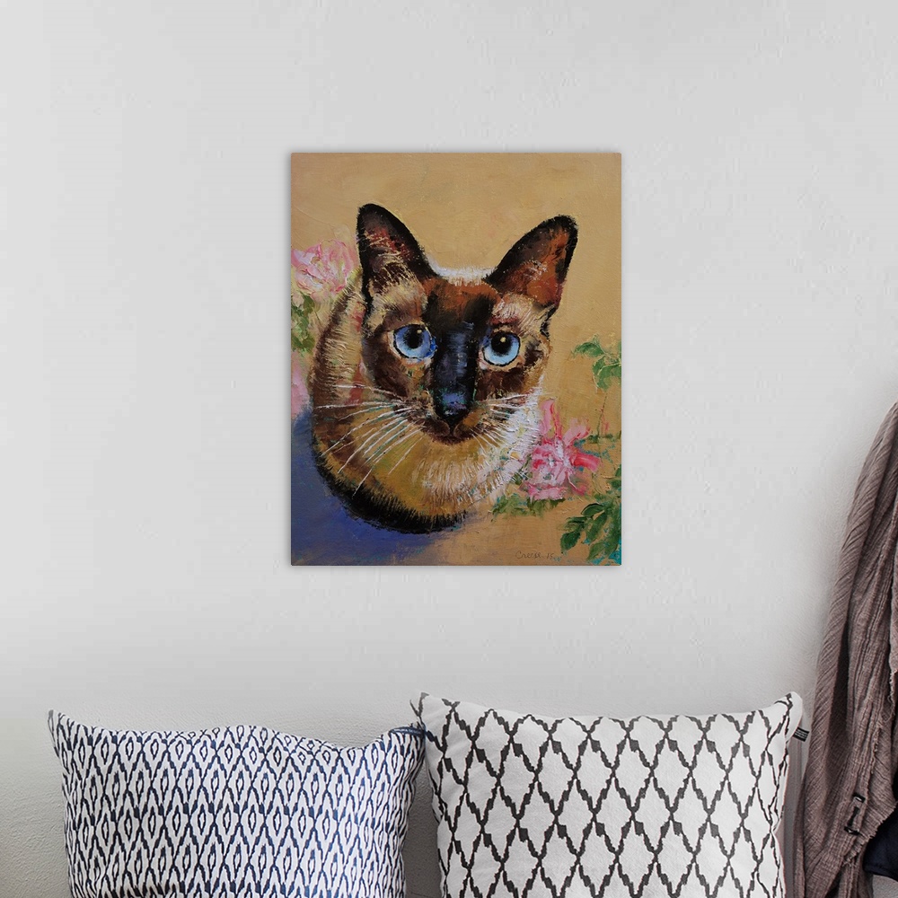 A bohemian room featuring A siamese cat stares intently with powerful blue eyes.