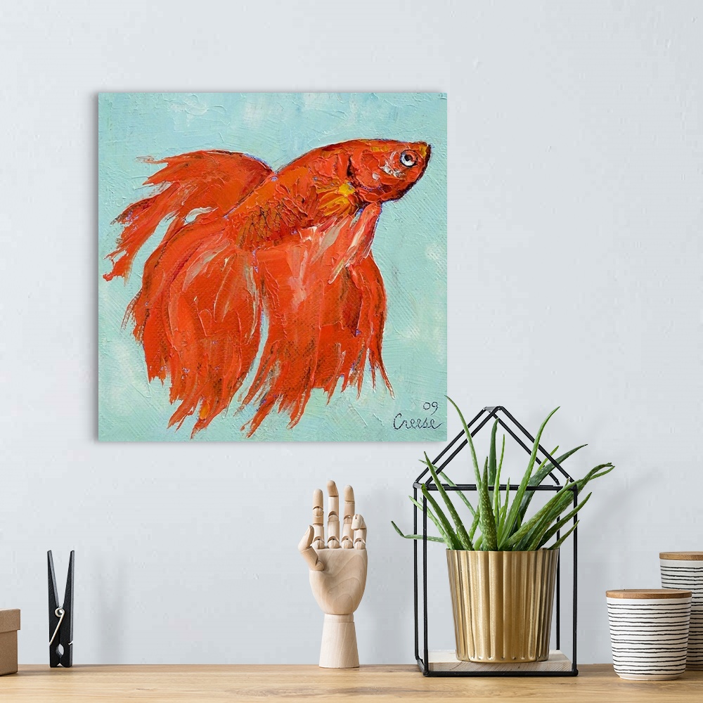 A bohemian room featuring Giant, square painting on a large wall hanging of a vivid Siamese fighting fish with flowing fins...