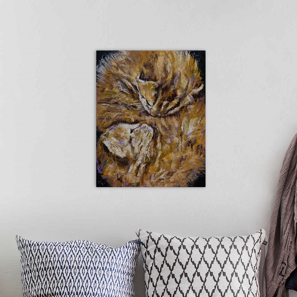 A bohemian room featuring Contemporary painting of pale orange kittens curled up together,