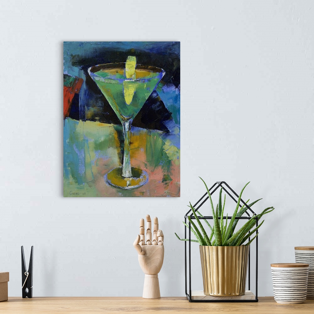 A bohemian room featuring Big vertical contemporary painting of a sour apple martini, in a clear martini glass with a singl...