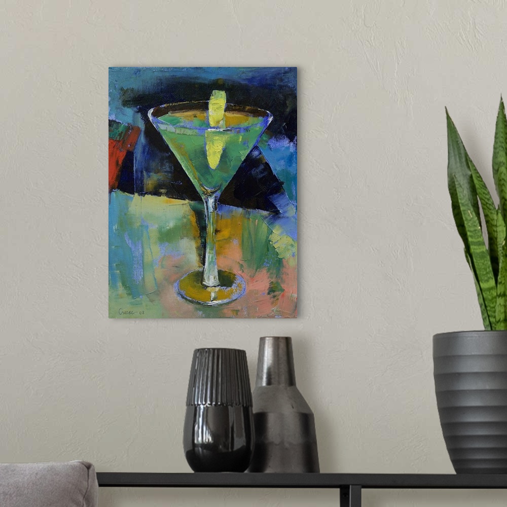 A modern room featuring Big vertical contemporary painting of a sour apple martini, in a clear martini glass with a singl...
