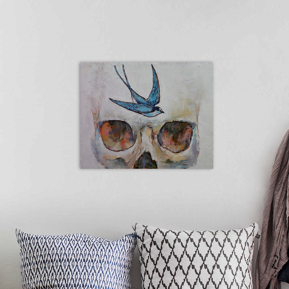 A bohemian room featuring Contemporary painting of a human skull close-up on the eyes and forehead with a blue sparrow on t...