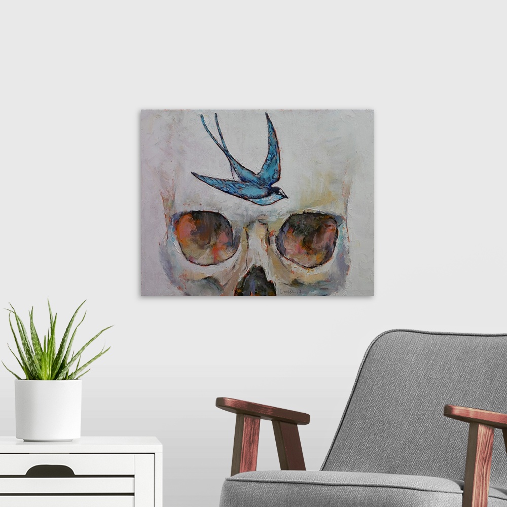 A modern room featuring Contemporary painting of a human skull close-up on the eyes and forehead with a blue sparrow on t...