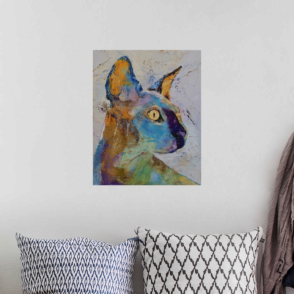 A bohemian room featuring Contemporary painting of a multi-colored sphinx cat with golden eyes.