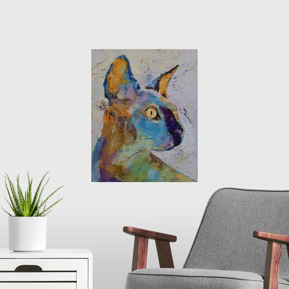A modern room featuring Contemporary painting of a multi-colored sphinx cat with golden eyes.