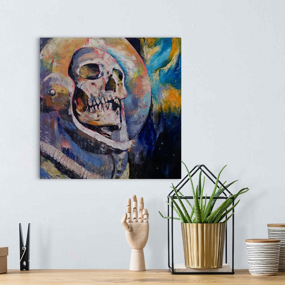 A bohemian room featuring A contemporary painting of a human skull seen through the helmet glass of an astronaut suit.