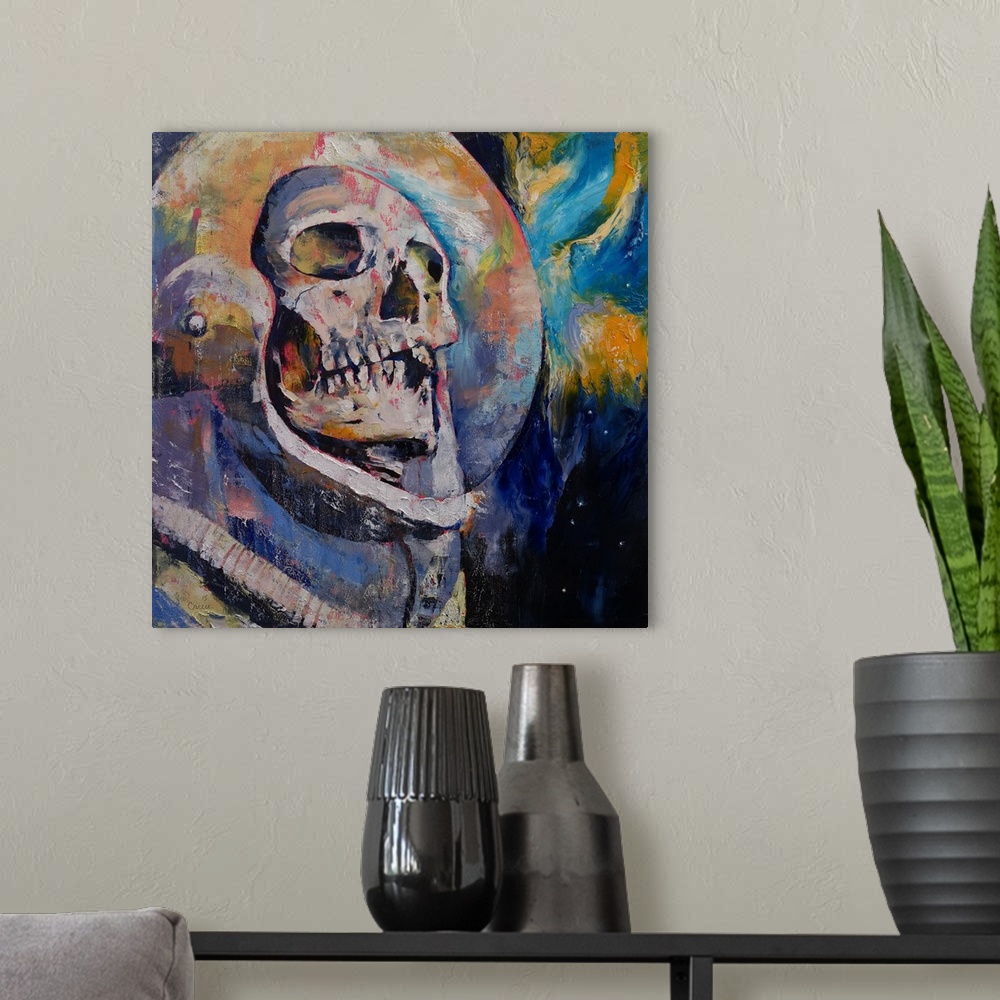 A modern room featuring A contemporary painting of a human skull seen through the helmet glass of an astronaut suit.