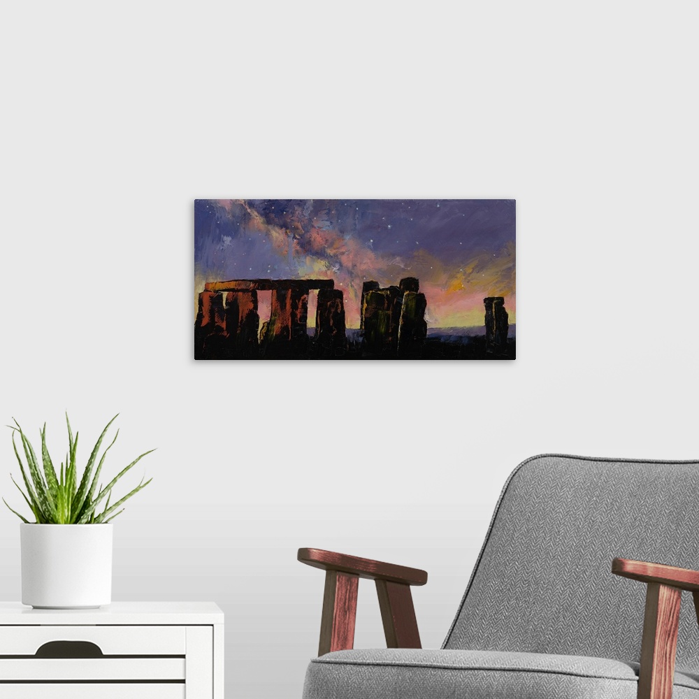 A modern room featuring A contemporary painting of a silhouetted Stonehenge under a sunset sky.