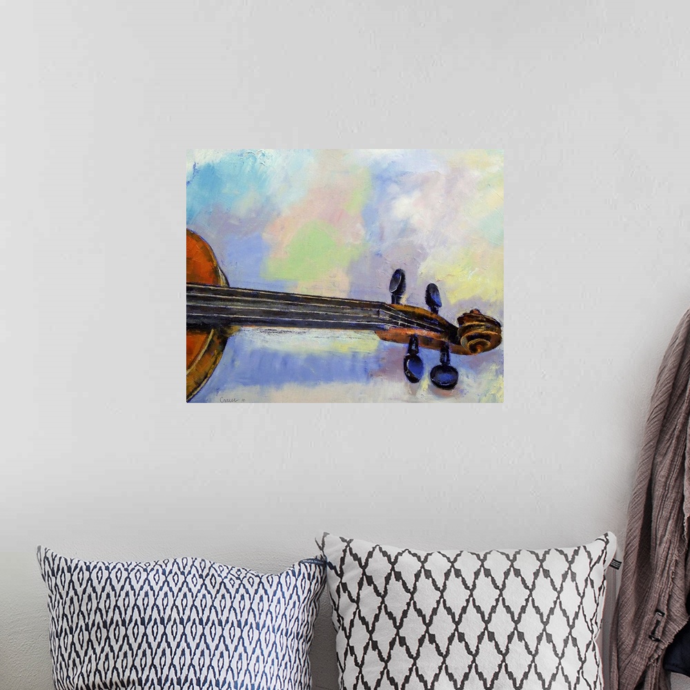 A bohemian room featuring Contemporary painting of the head and neck of a violin, with a soft pastel colored background.