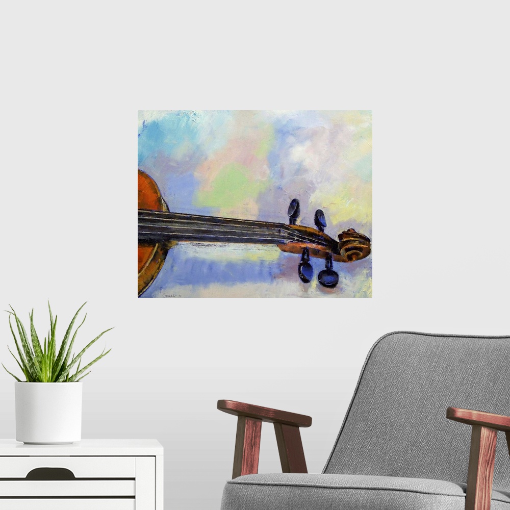 A modern room featuring Contemporary painting of the head and neck of a violin, with a soft pastel colored background.