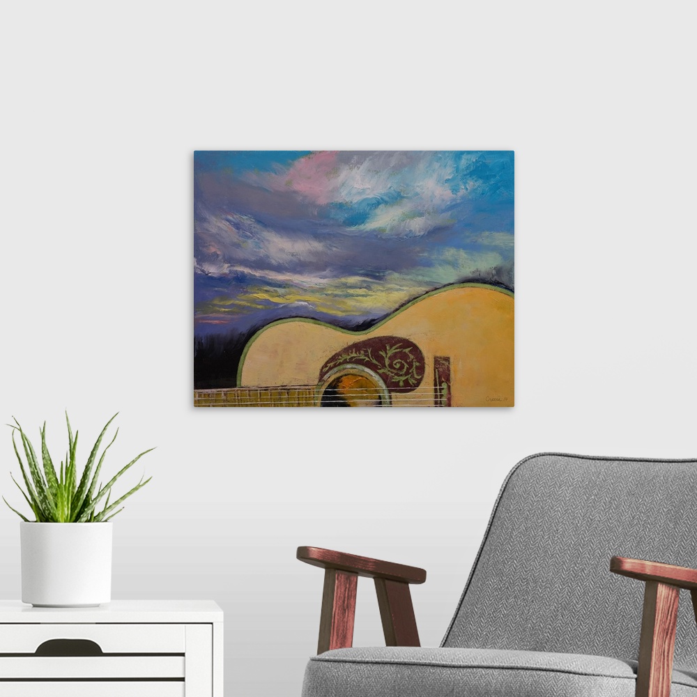 A modern room featuring Contemporary painting of an acoustic guitar close-up.