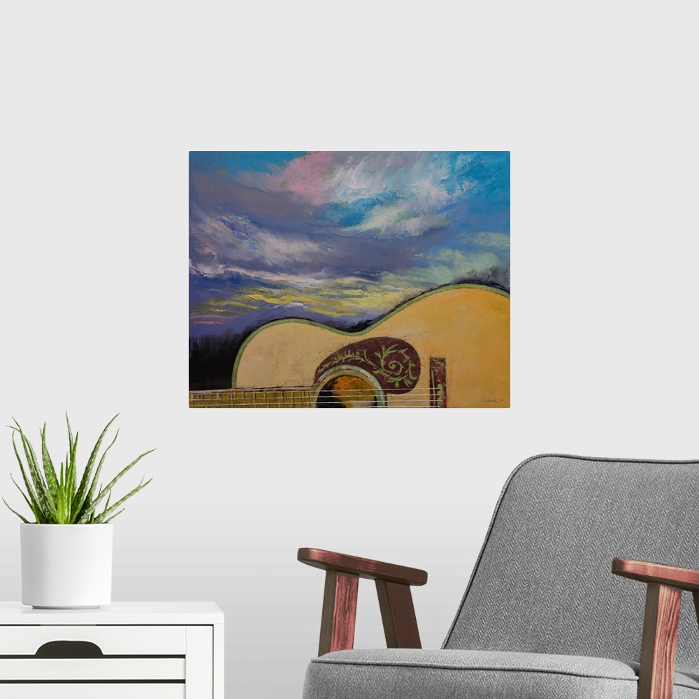 A modern room featuring Contemporary painting of an acoustic guitar close-up.