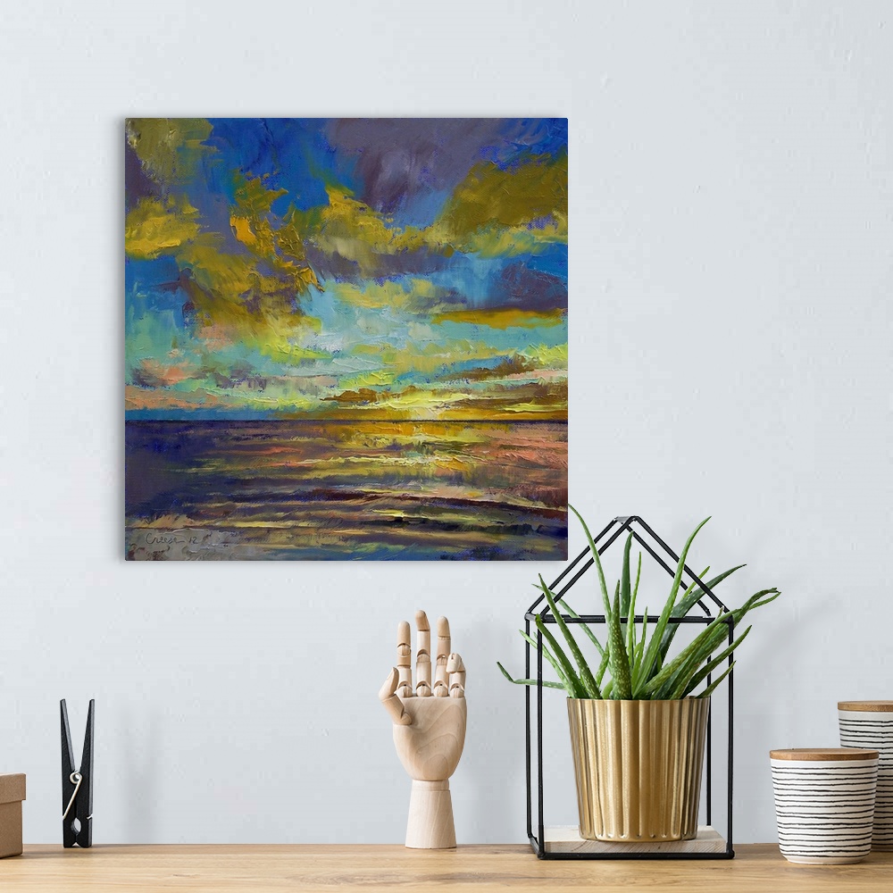 A bohemian room featuring Big, square painting of the sun setting in a vibrant sky over the waters of Key Largo, painted wi...