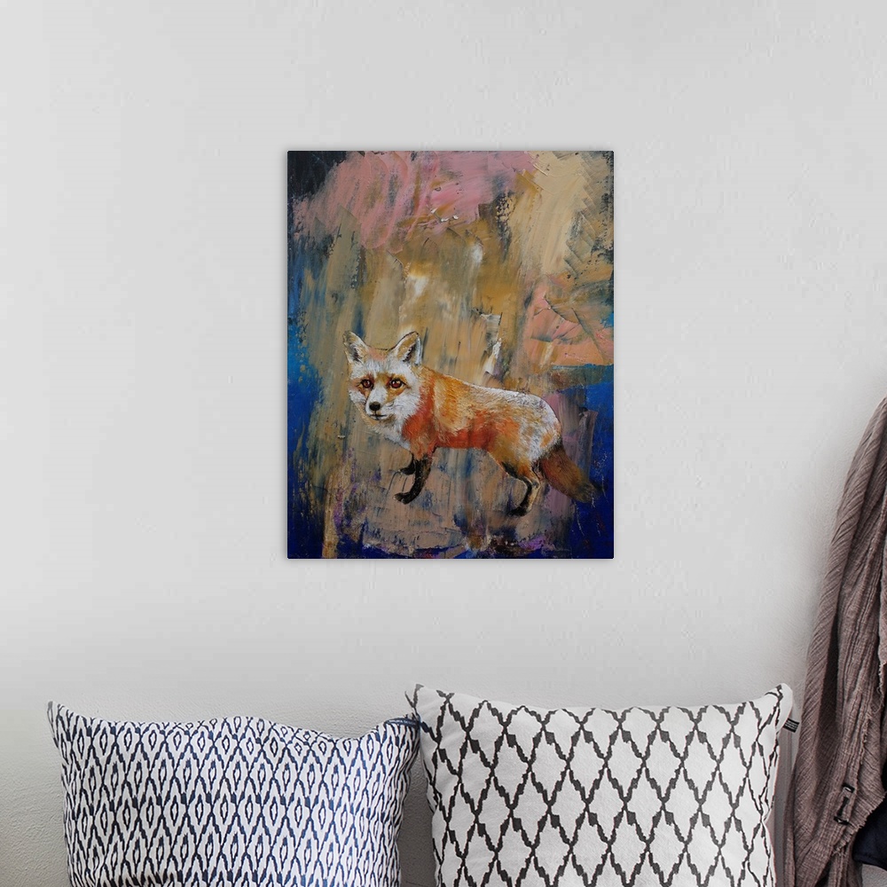 A bohemian room featuring Contemporary painting of a red fox against a colorful abstract background.