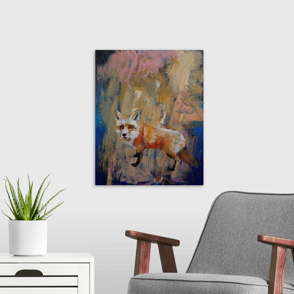 A modern room featuring Contemporary painting of a red fox against a colorful abstract background.