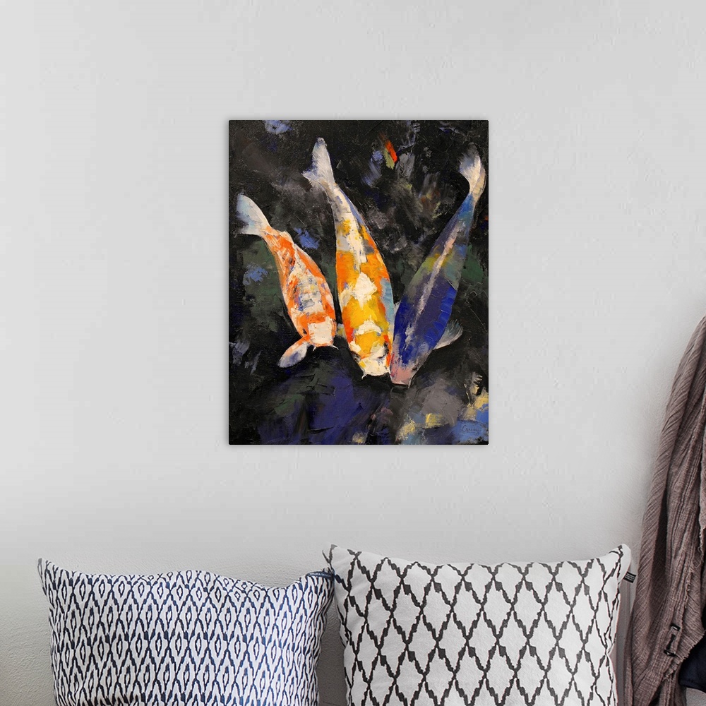 A bohemian room featuring This is a vertical painting of decorative fish swimming a pond created with thick impressionistic...