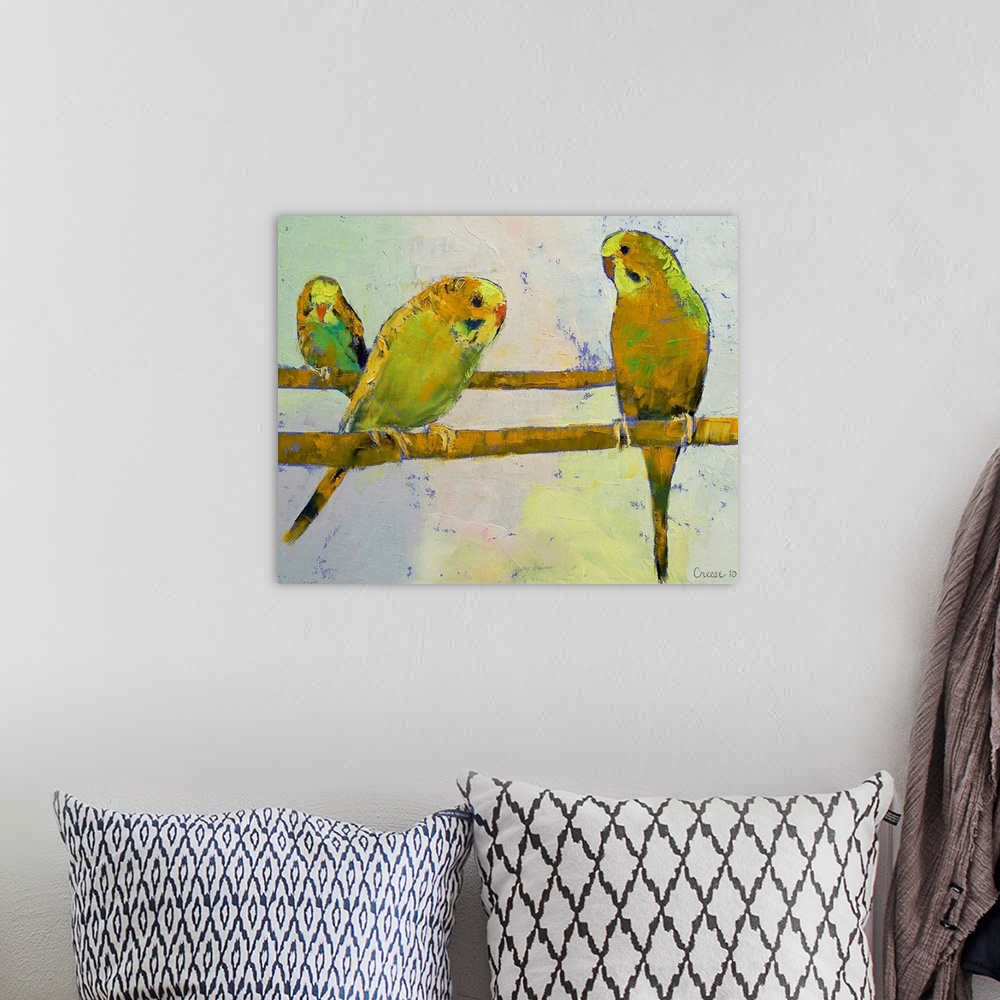A bohemian room featuring Original oil on canvas painting of three budgies on perches by American artist Michael Creese.