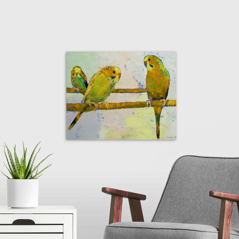 A modern room featuring Original oil on canvas painting of three budgies on perches by American artist Michael Creese.