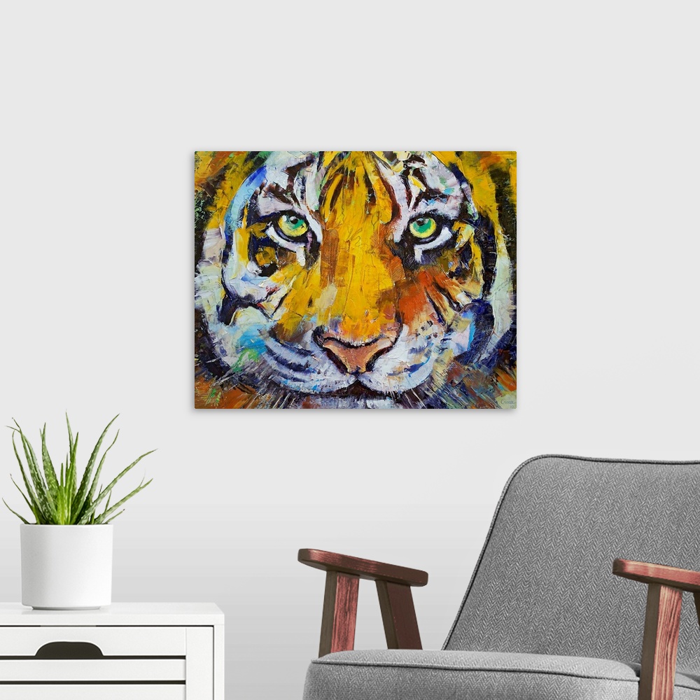 A modern room featuring Painting of a close up of a tigers face with his green eyes staring directly at you.