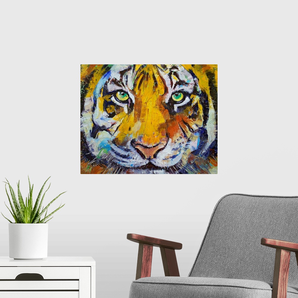 A modern room featuring Painting of a close up of a tigers face with his green eyes staring directly at you.