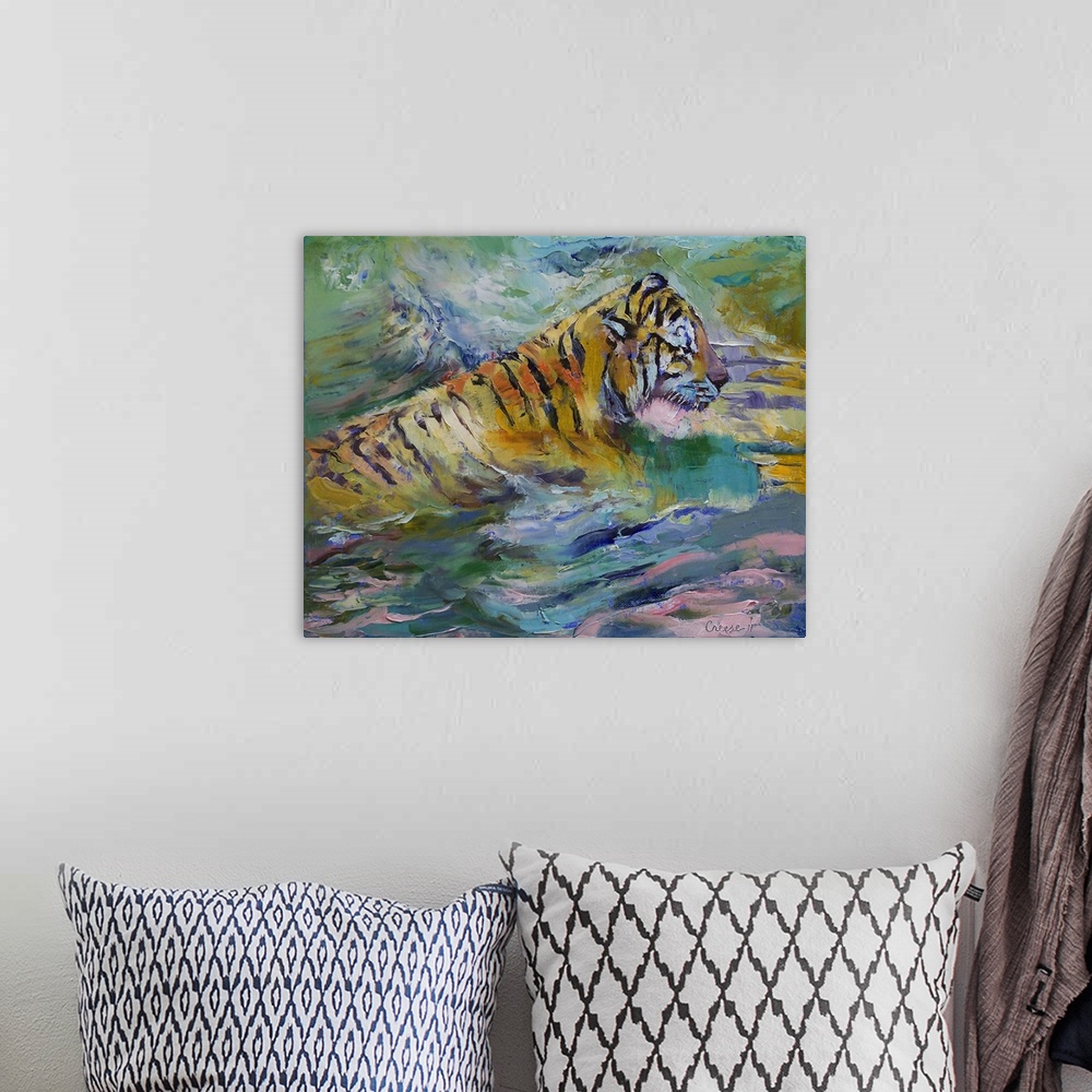 A bohemian room featuring This is a large painting of a tiger surrounded by numerous colors and textures of paint.