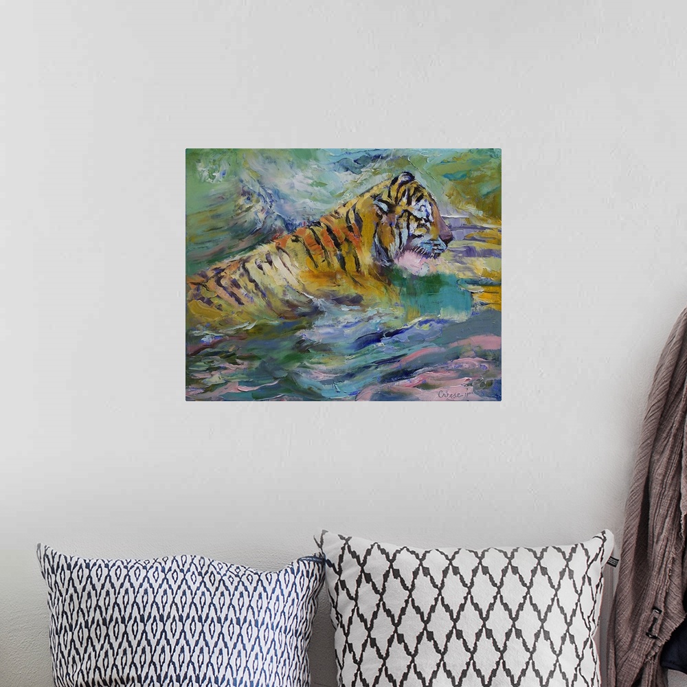 A bohemian room featuring This is a large painting of a tiger surrounded by numerous colors and textures of paint.