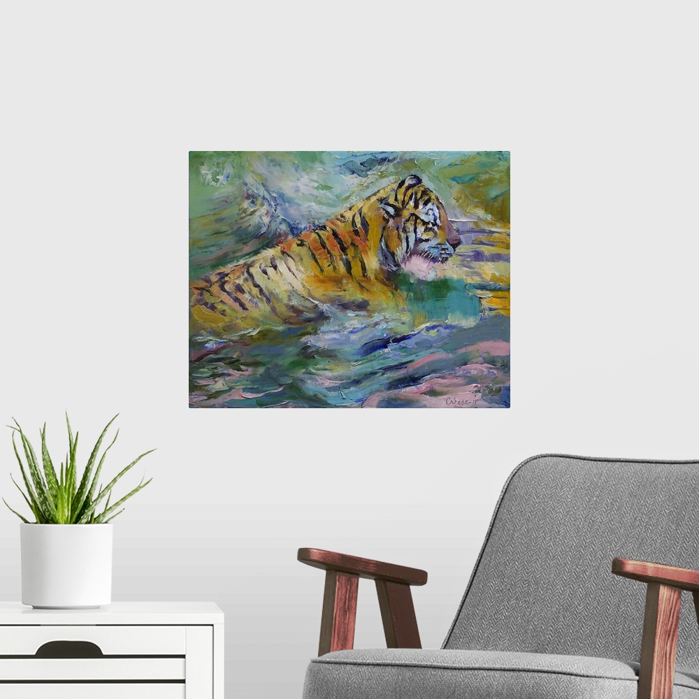 A modern room featuring This is a large painting of a tiger surrounded by numerous colors and textures of paint.