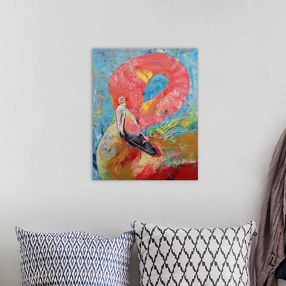 A bohemian room featuring Contemporary colorful painting of a bright pink flamingo.