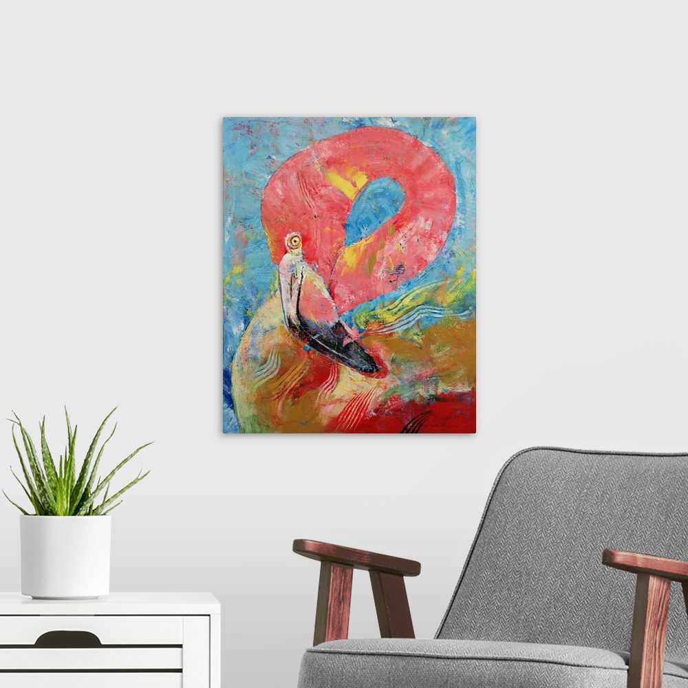 A modern room featuring Contemporary colorful painting of a bright pink flamingo.