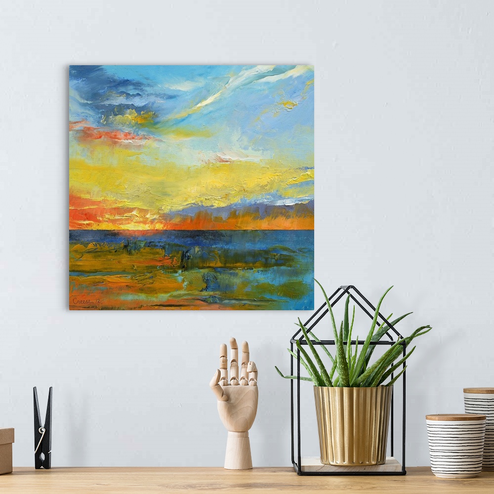 A bohemian room featuring Contemporary artwork of a sunset with the warmer tone paint used in the water to show reflection.
