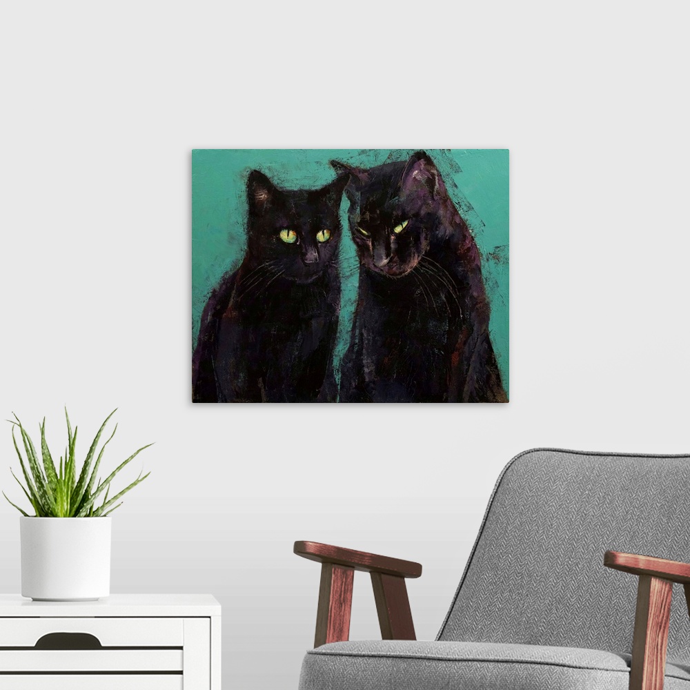 A modern room featuring Two Black Cats