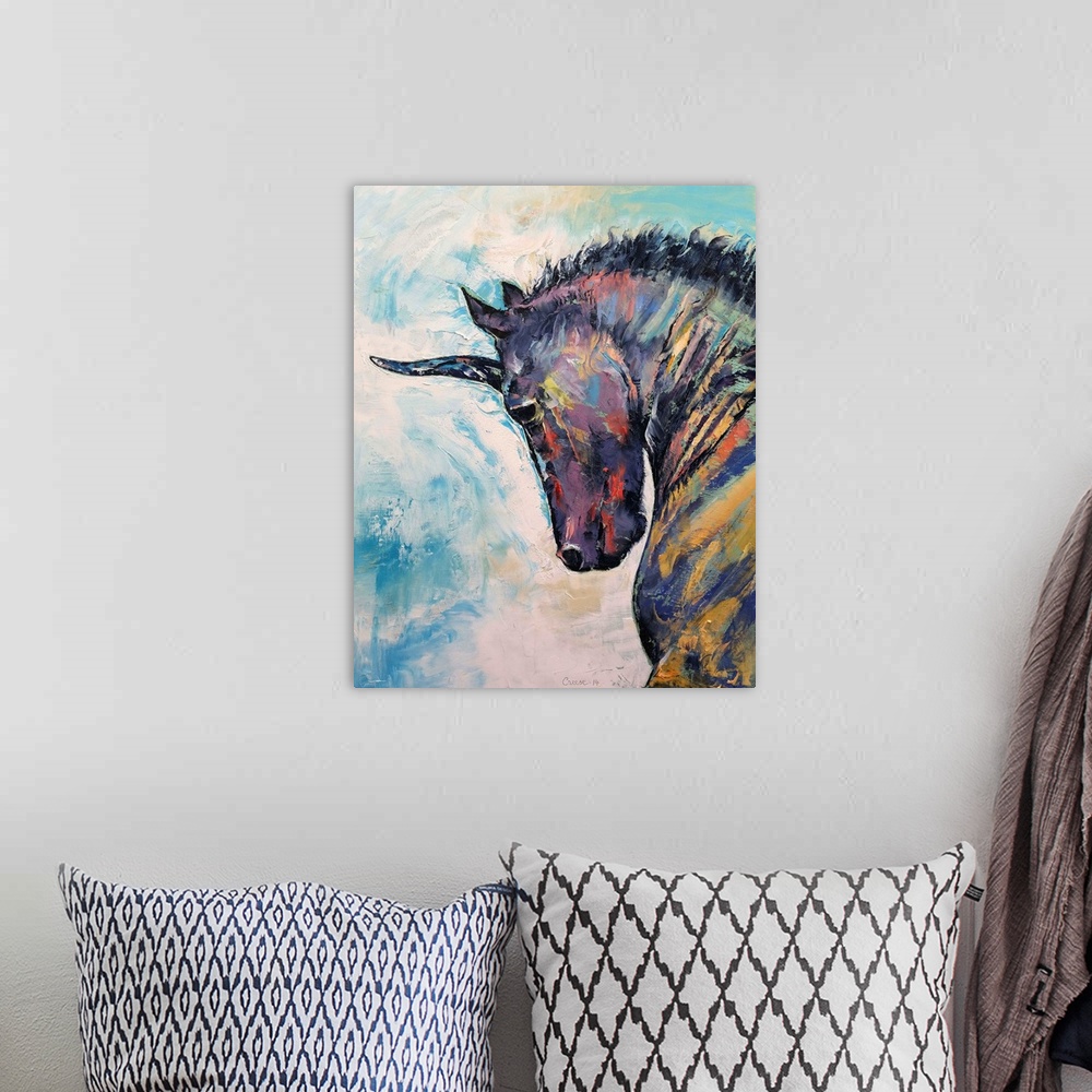 A bohemian room featuring Contemporary painting of a black unicorn.
