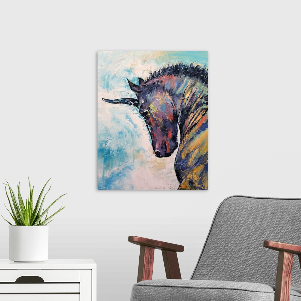 A modern room featuring Contemporary painting of a black unicorn.