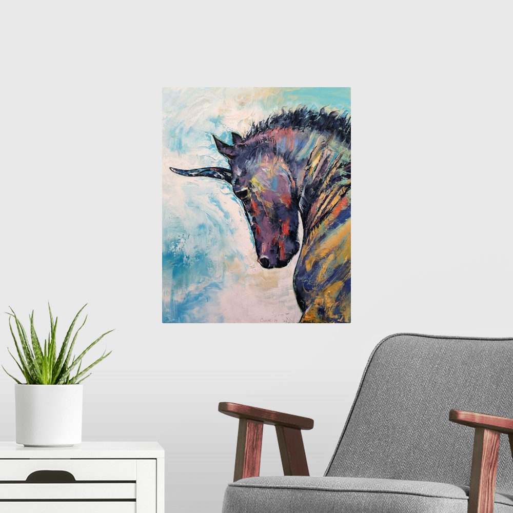 A modern room featuring Contemporary painting of a black unicorn.