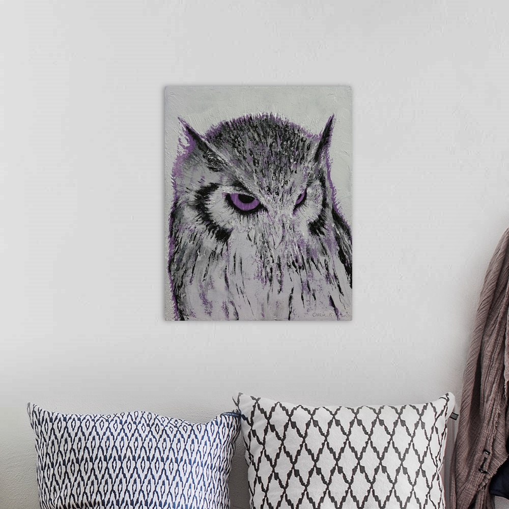 A bohemian room featuring Contemporary painting of a gray owl with purple glaring eyes.