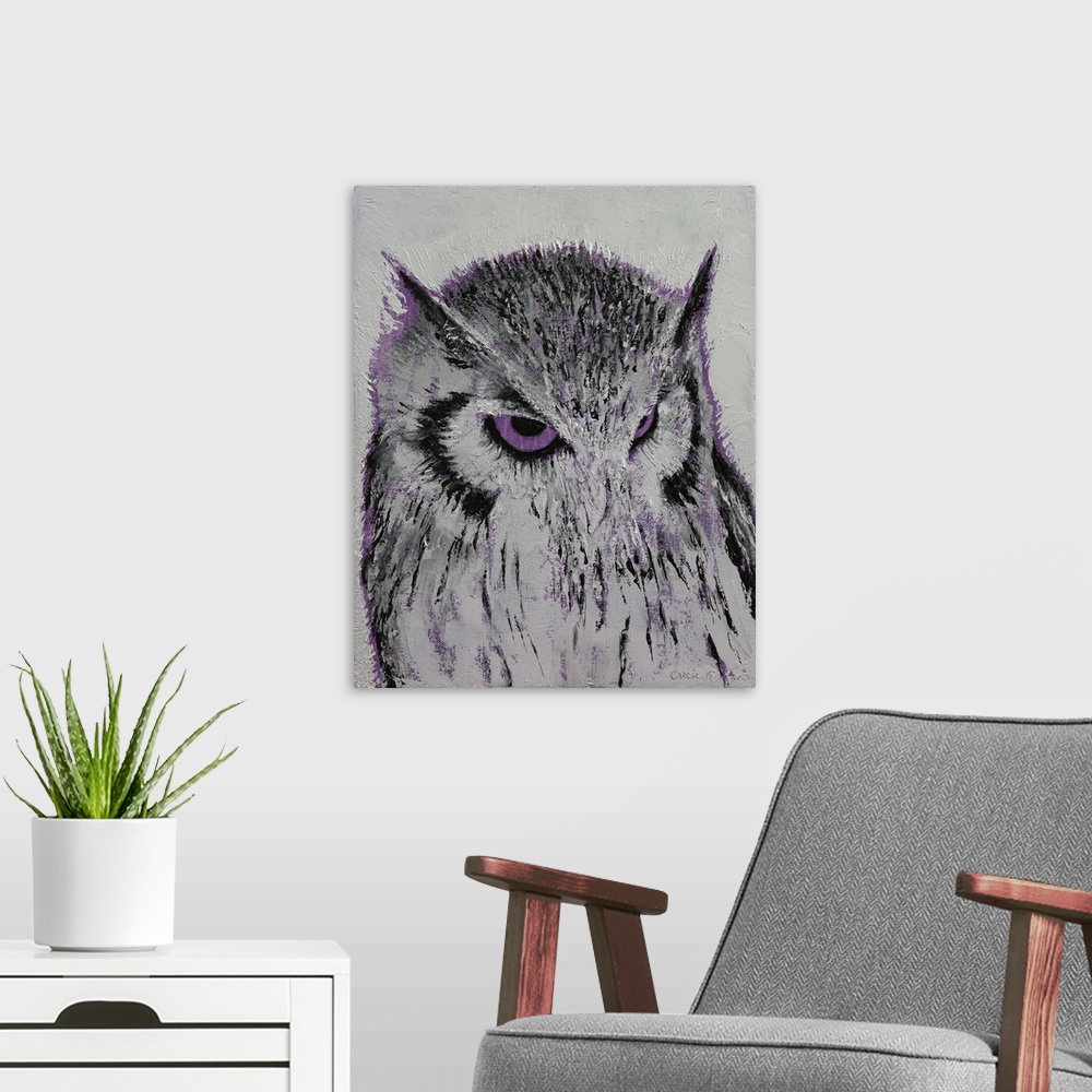 A modern room featuring Contemporary painting of a gray owl with purple glaring eyes.