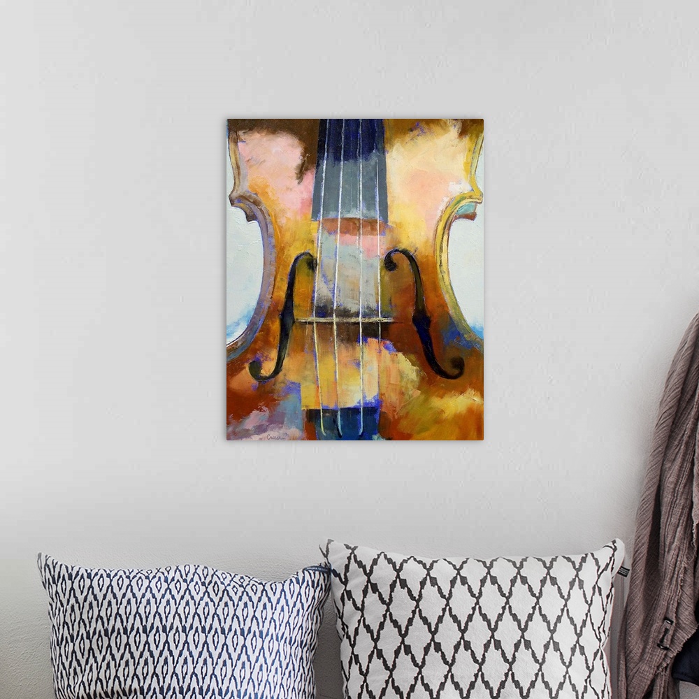 A bohemian room featuring Painting on canvas of an up close angle of a violin.