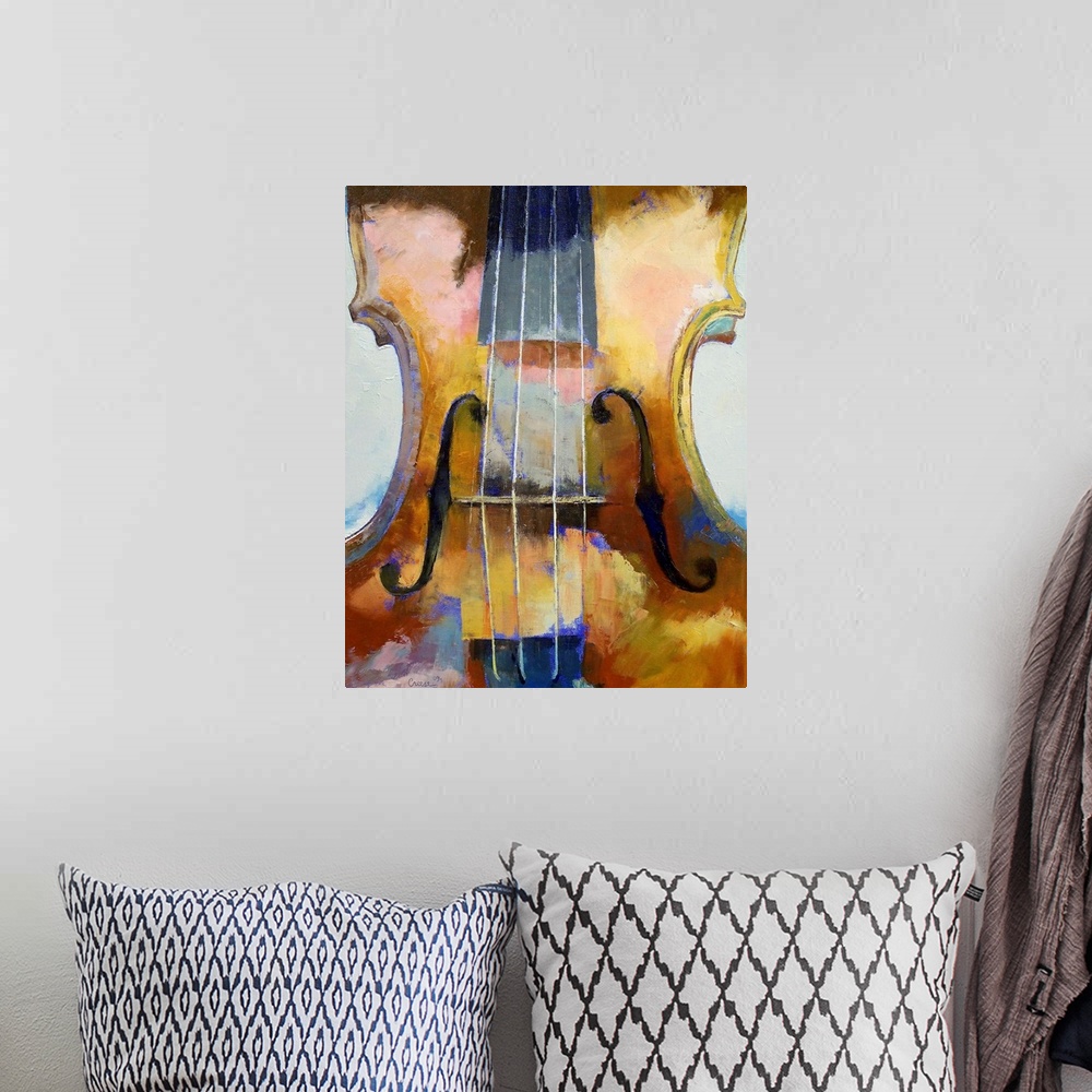 A bohemian room featuring Painting on canvas of an up close angle of a violin.