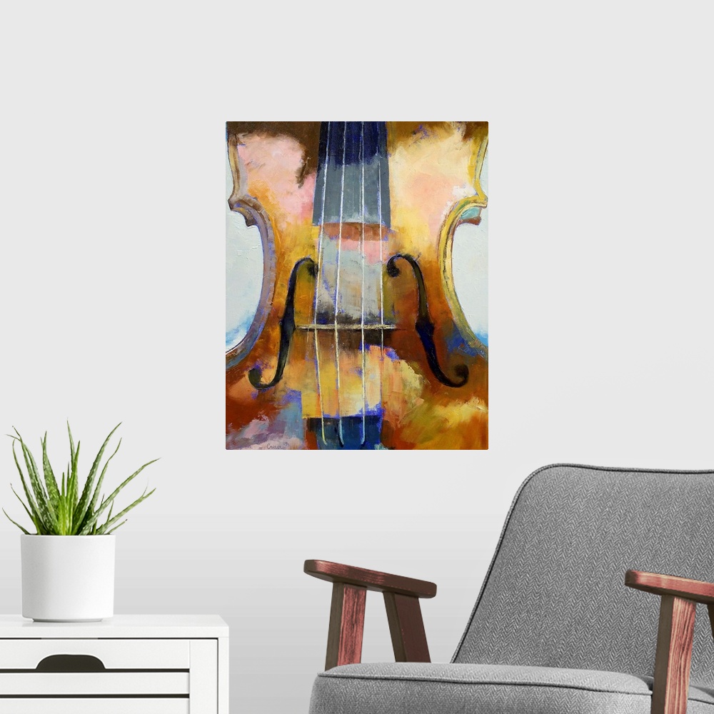 A modern room featuring Painting on canvas of an up close angle of a violin.