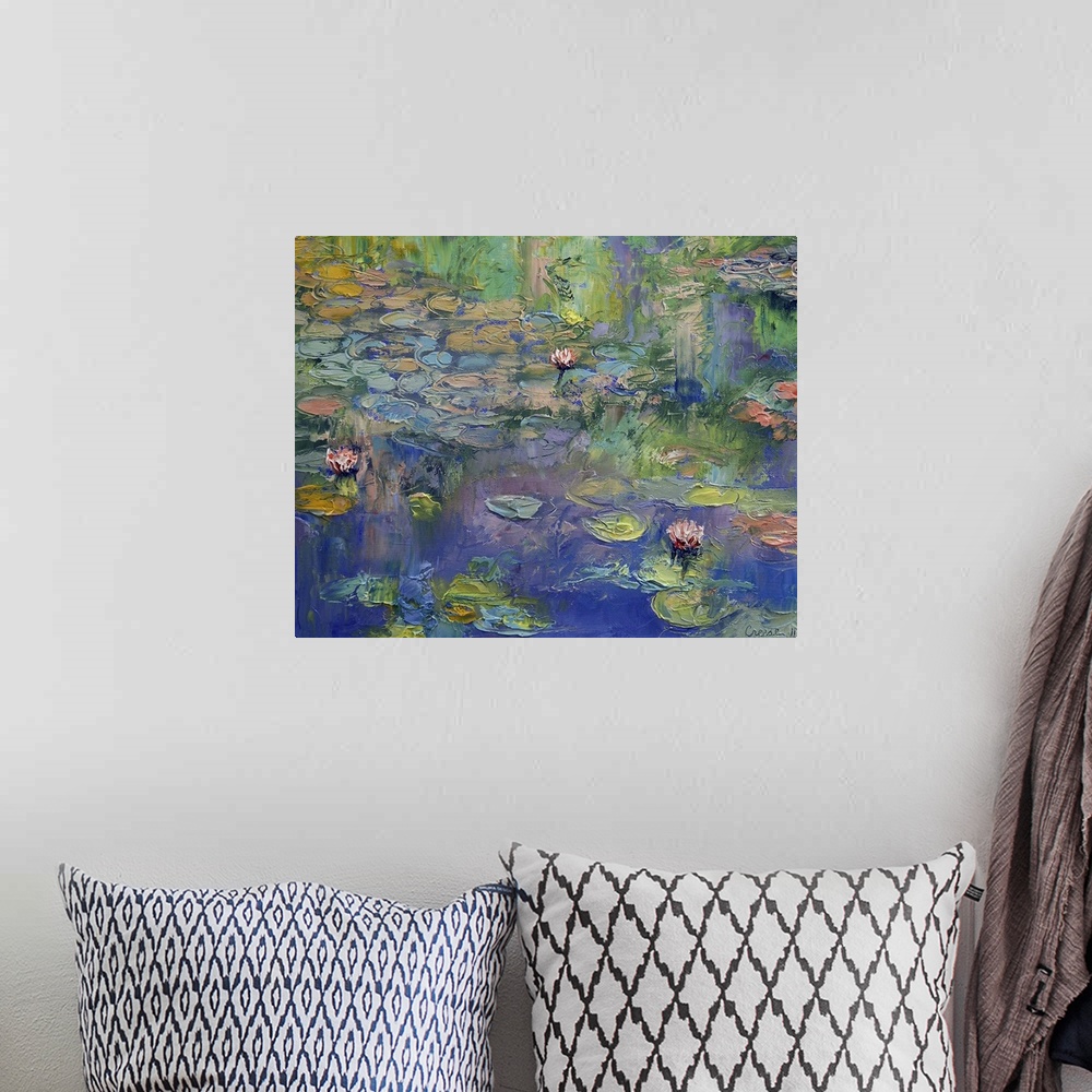 A bohemian room featuring Contemporary artwork of a classic subject matter this oil painting captures lily pads and lotus b...