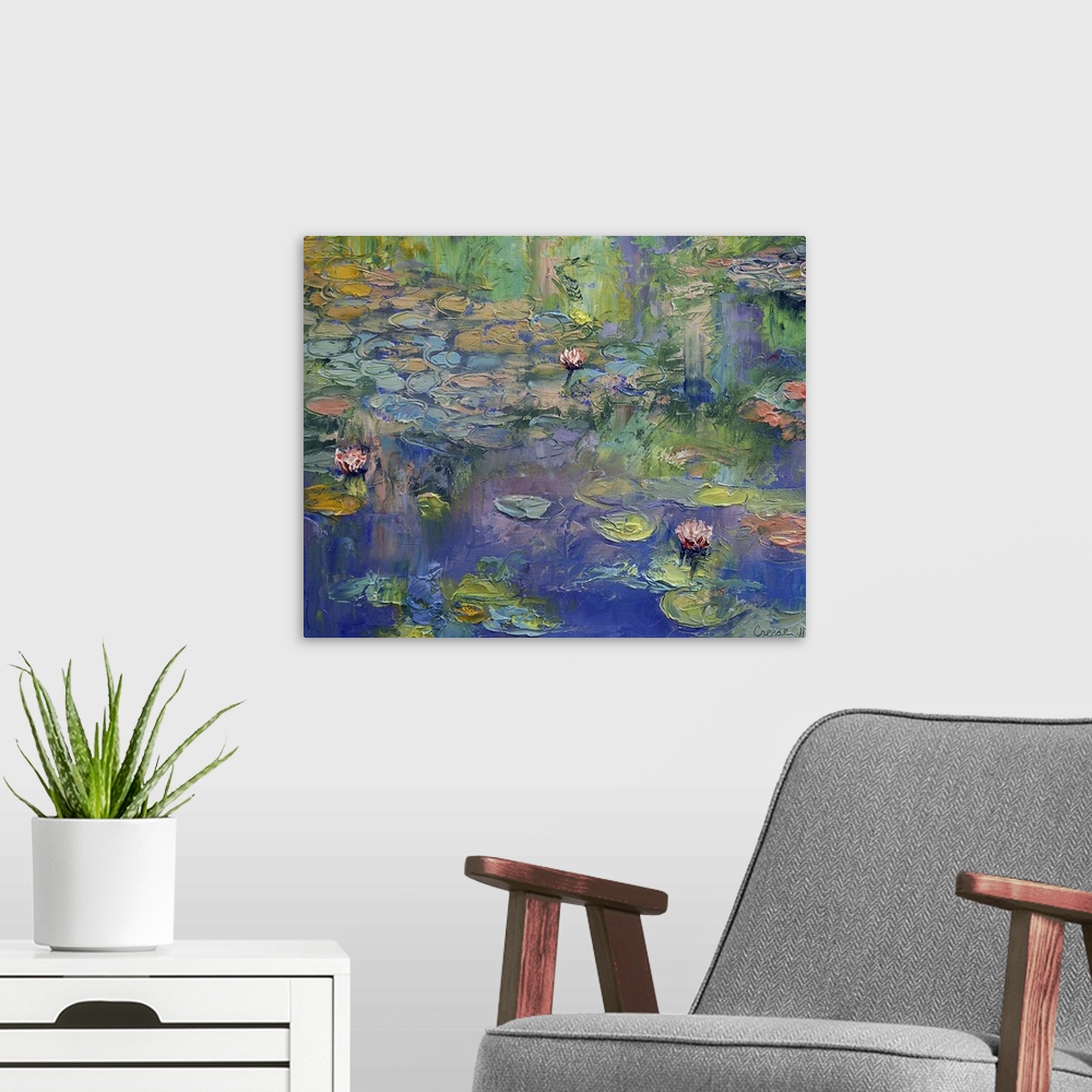 A modern room featuring Contemporary artwork of a classic subject matter this oil painting captures lily pads and lotus b...