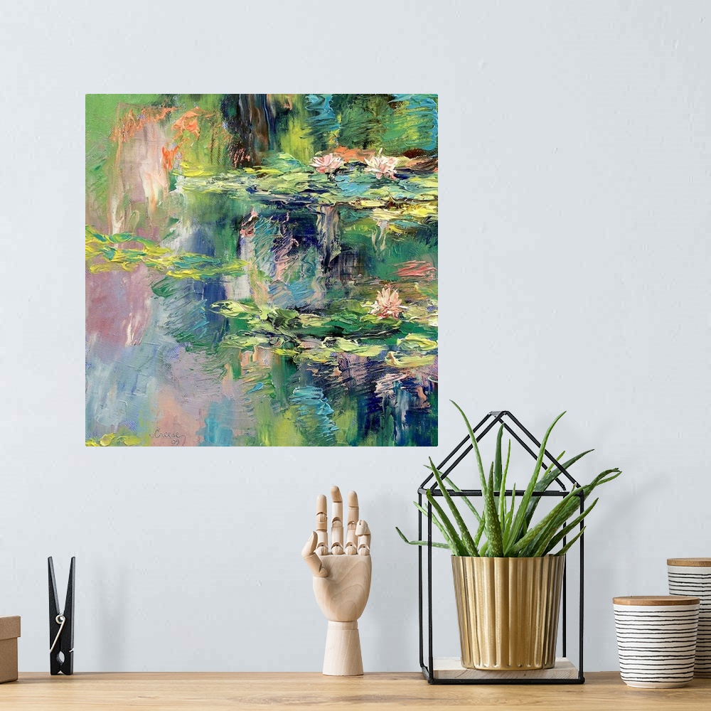 A bohemian room featuring Large, square, fine art painting  with heavy brush strokes, of water lilies spread out across cal...