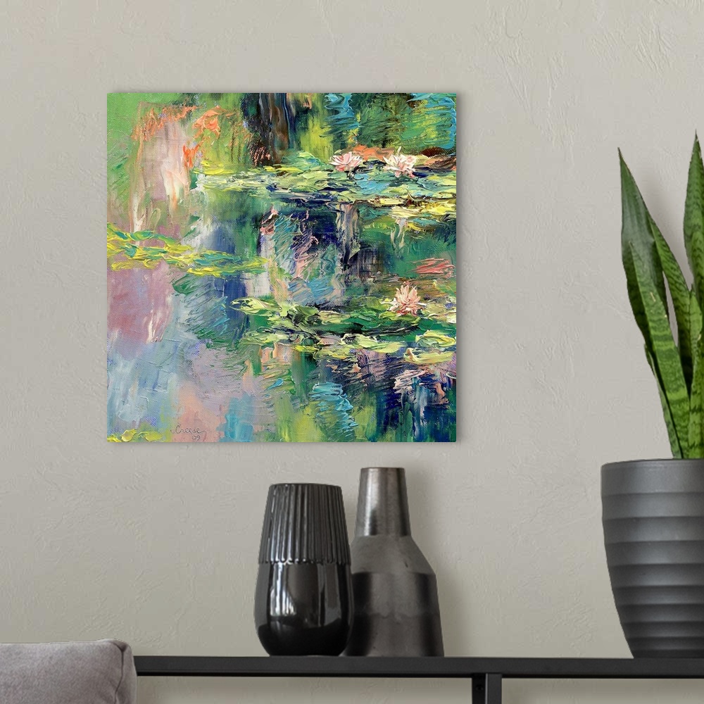 A modern room featuring Large, square, fine art painting  with heavy brush strokes, of water lilies spread out across cal...