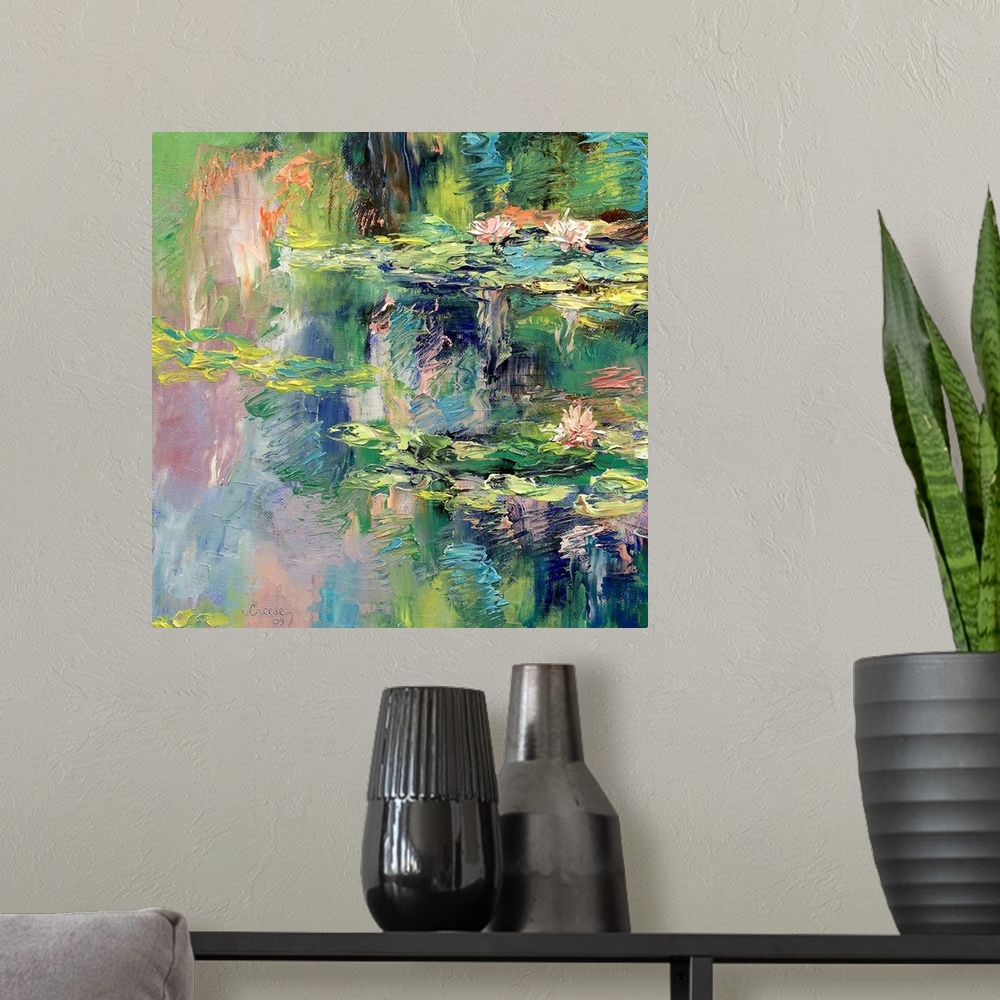 A modern room featuring Large, square, fine art painting  with heavy brush strokes, of water lilies spread out across cal...