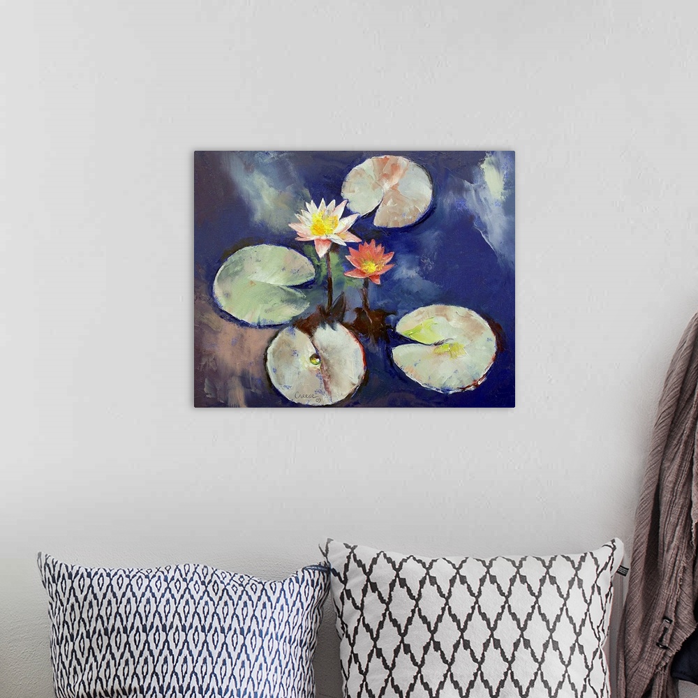 A bohemian room featuring Horizontal painting on a large wall hanging of two water lilies surrounded by four lily pads, flo...