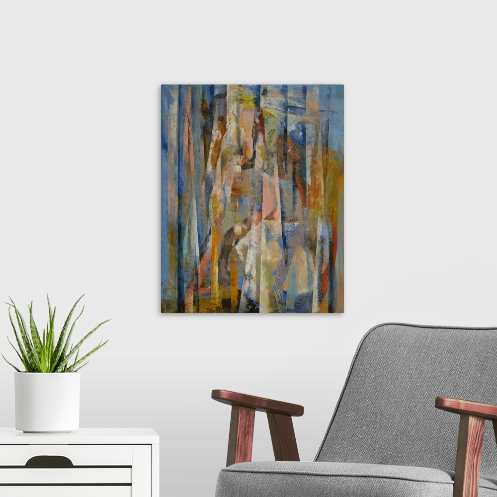 A modern room featuring Tall abstract painting on canvas of horses with vertical lines of color.
