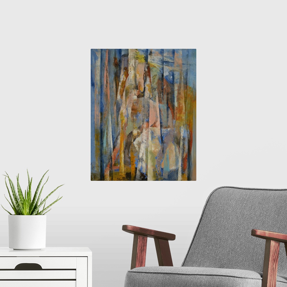 A modern room featuring Tall abstract painting on canvas of horses with vertical lines of color.