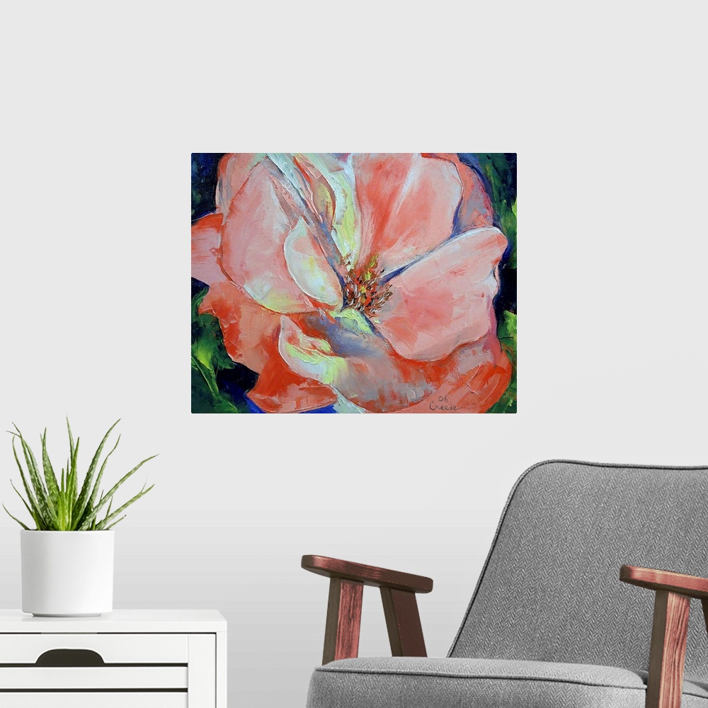 A modern room featuring Horizontal, floral painting on a large wall hanging of one giant rose, it's leaves on the outer e...