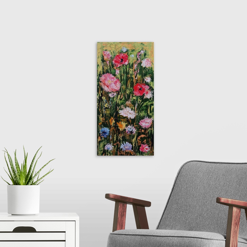 A modern room featuring Contemporary painting of a colorful wildflowers.