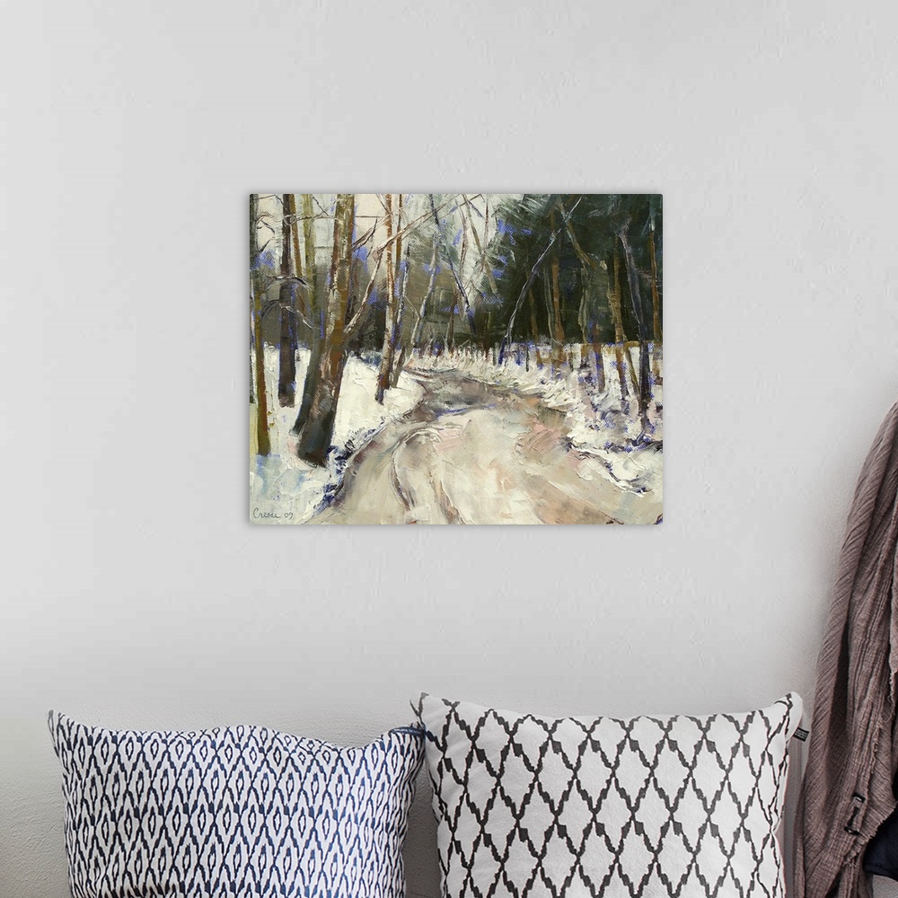 A bohemian room featuring Giant contemporary art portrays a look down a frozen stream surrounded by a snow covered landscap...